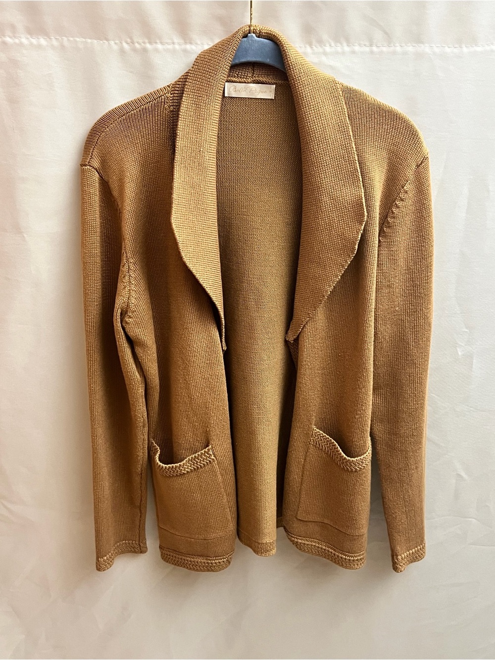 Belle Poque Tan Open Front Knit Cardigan Sweater Pockets Size S